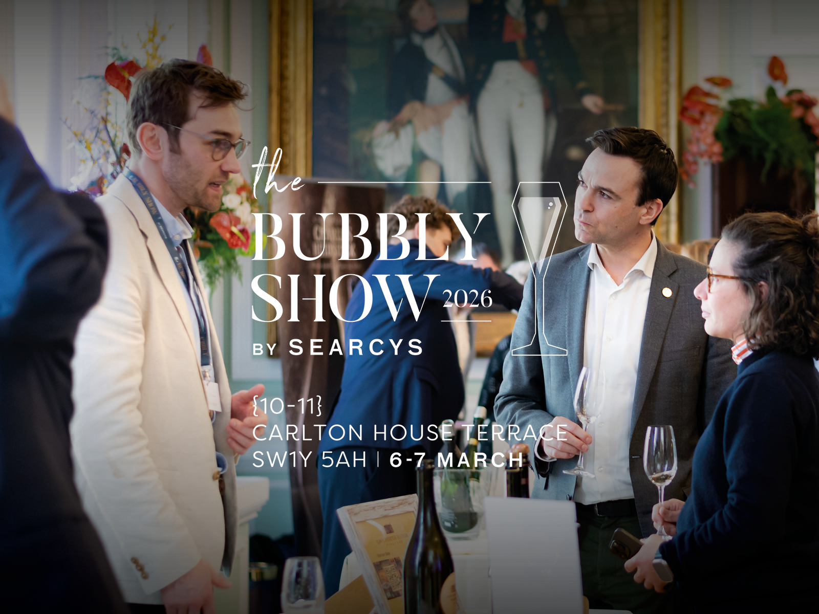 People holding champagne flutes at 10-11 Carlton House Terrace, overlaid with the logo for The Bubbly Show
