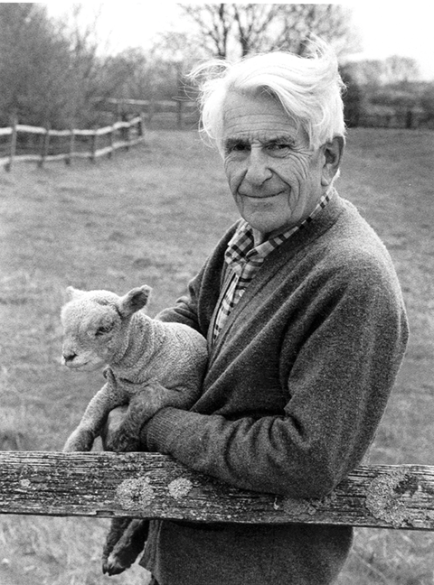 Master Anthony Lloyd holding a lamb, leaning on a fence