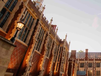 The Great Hall of Lincoln's Inn at dusk, promotional image for the Amity Dinner at Lincoln's Inn