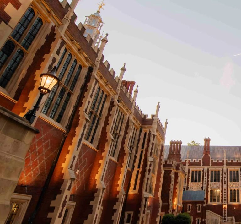 The Great Hall of Lincoln's Inn at dusk, promotional image for the Amity Dinner at Lincoln's Inn