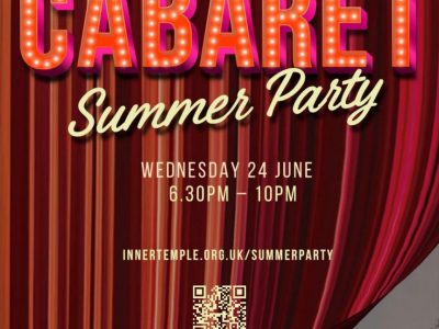 Red theatre curtains parting to reveal the Inner Temple Garden lit up at dusk, poster for the Cabaret Summer Party