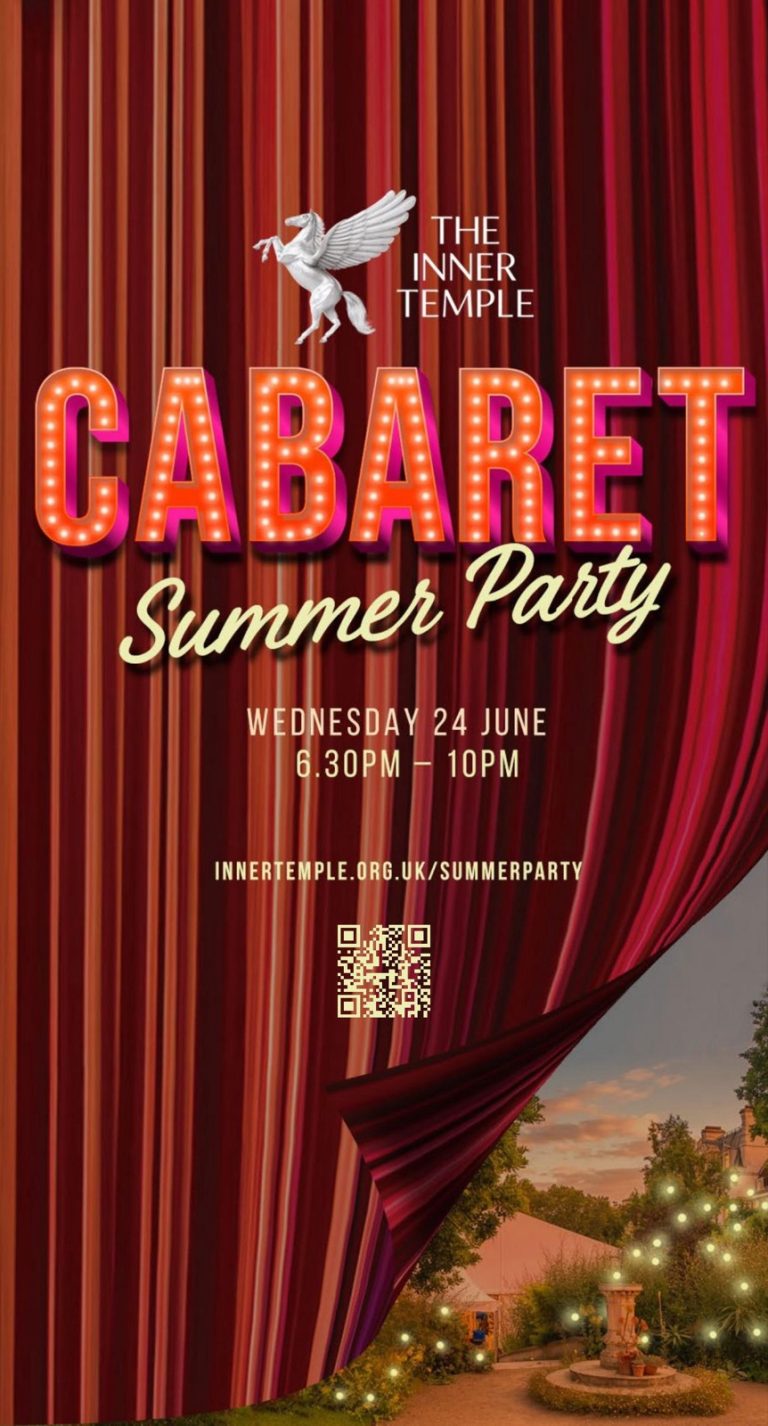 Red theatre curtains parting to reveal the Inner Temple Garden lit up at dusk, poster for the Cabaret Summer Party