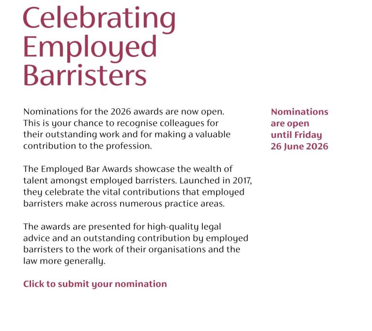 Celebrating Employed Barristers: nominations for the 2026 Employed Bar Awards are open until Friday 26 June 2026