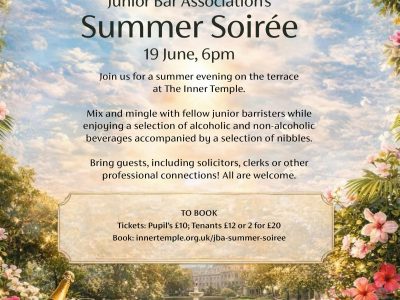 Champagne on ice overlooking the terrace, promotional artwork for the Junior Bar Association's Summer Soirée