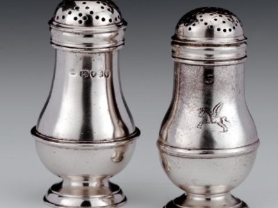 Antique Britannia silver and silver pepper pots from the Inner Temple Silver Collection, engraved with the pegasus emblem