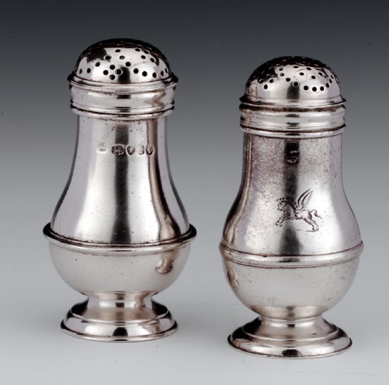 Antique Britannia silver and silver pepper pots from the Inner Temple Silver Collection, engraved with the pegasus emblem